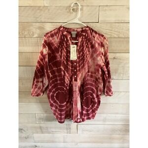 CHICOS 1 M Blouse Top Cotton Tie Dye Pintuck Pleat 3/4 Sleeves NWT